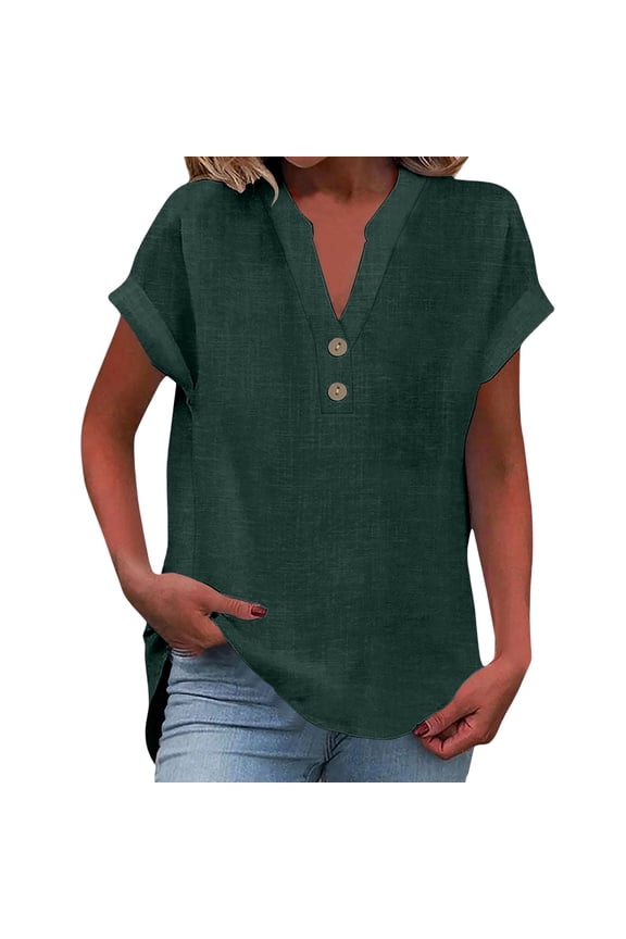 Linen Shirts for Women Boho Ethnic Style Peasant Tee Jacquard Boho Blouse Cotton Linen Short Sleeve Floral Print Linen Shirts Retro Embroidered 3/4 Sleeve Boho Tops A1 Blackish Green 2XL