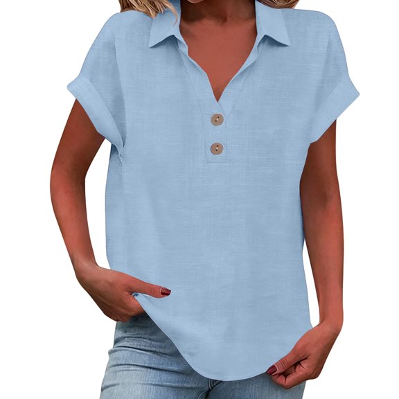 Outfmvch Linen Shirts for Women Casual Loose Fit Tunic Tshirts Short Sleeve Shirt V Neck Cotton Linen Button Down Roll Up Sleeve Summer Beach Tops Summer Shirts for Women Light Blue Xl