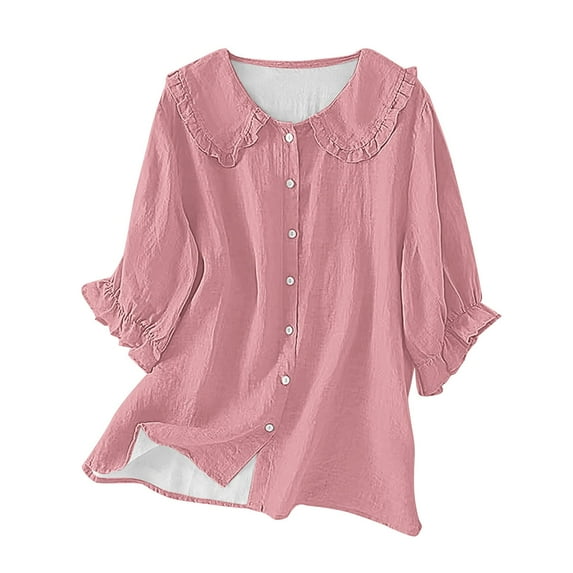 Outfmvch Linen Shirts Women Collared Roll Up Womens 3/4 Sleeve Button Down Shirts Roll Up Short Sleeve Loose Fit Blouses Lapel Gauze Tops Pink 2XL