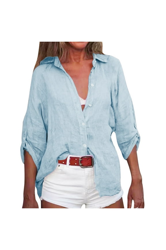 Linen Shirts for Women Gauze Shirts Womens 3/4 Sleeve Button Down Shirts Boho Peasant Gauze Blouses 3/4 Sleeve Button Down Shirts Boho Fashion Light Blue 2XL