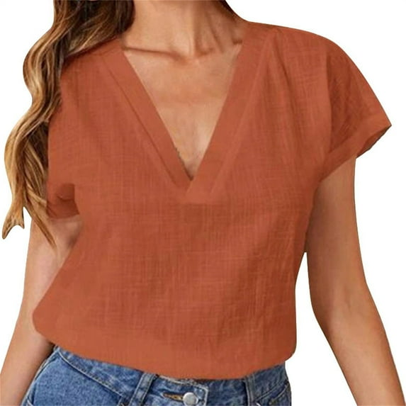 Outfmvch Linen Shirts Women Loose Fit Cotton Blouses Button Down Shirts for Women V Neck Tops Outfits Cotton Linen Embroidered Tops Collared Roll Up Coffee M