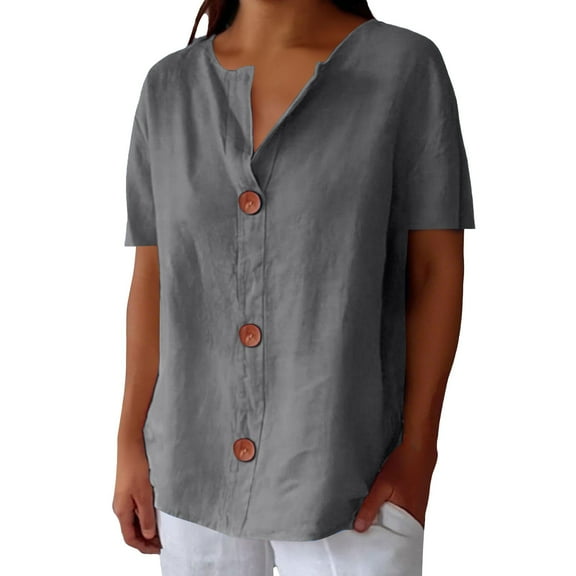 Outfmvch Linen Tops for Women 3/4 Sleeve Button Down Cotton Linen Dressy Blouses for Women Linen Shirts Blouses for Women Dressy Casual Loose Crewneck Cotton Tops for Women Loose Fit Dark Gray Xl