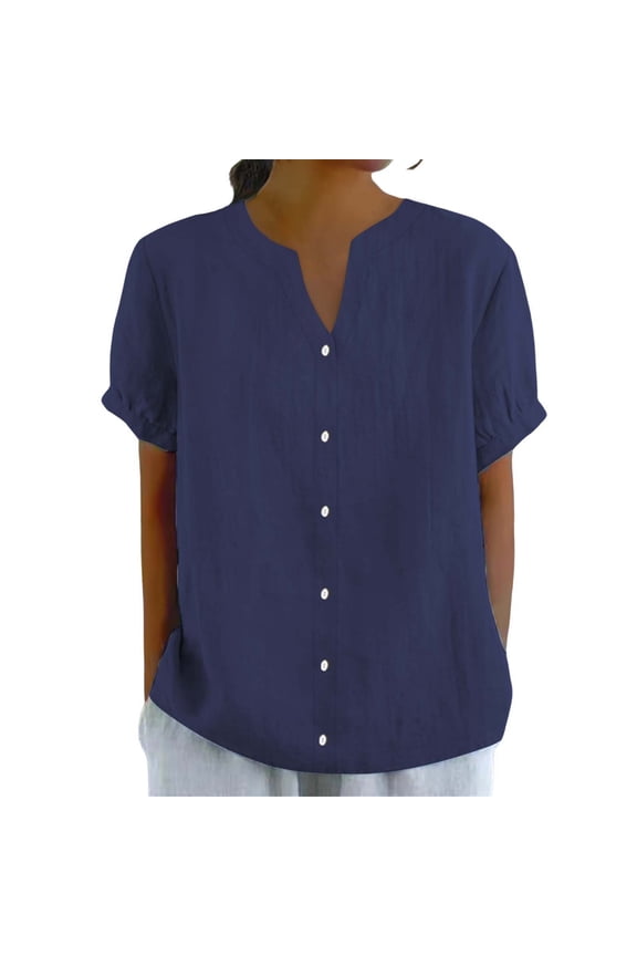 Linen Tops for Women Cotton Linen Tops for Women Boho Peasant Blouse Womens Linen Tops Blouses Teacher Loose Tunics Cotton Dress Shirt Navy 3XL