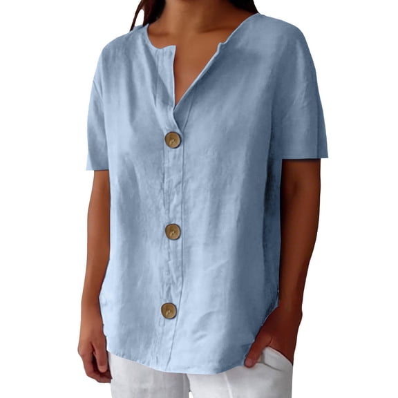 Outfmvch Linen Tops for Women Linen Blouse Vacation Fashion Clothes 2026 Button Down Button Down Henley Tops Henley Shirts Loose Crewneck Cotton Linen Loose Button Down Shirts for Women Sky Blue S