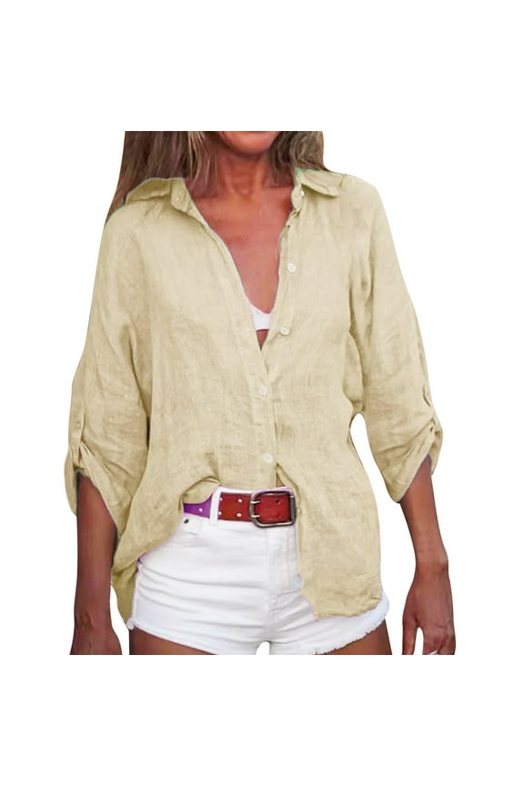 Linen Tops for Women Peasant Blouses Spring Cotton Shirts 3/4 Sleeve Button Down Shirts Cozy Loose Fit Basic T-shirts Loose Fit Blouses Khaki 2XL