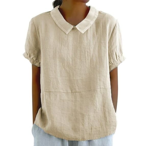 Outfmvch Linen Tops for Women Womens 3/4 Sleeve Button Down Shirts Roll Up Short Sleeve T-shirt Womens Linen Tops V Neck Tops Outfits Collared Roll Up Beige L