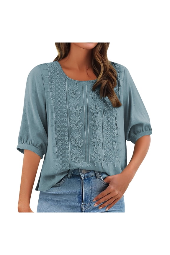Linen Tunic Crewneck Button Blouse Cotton Linen Tunic Tops Summer Floral Short Sleeve Tee Loose Fit Cotton Blouses Loose Fit Tunic Blue 2XL
