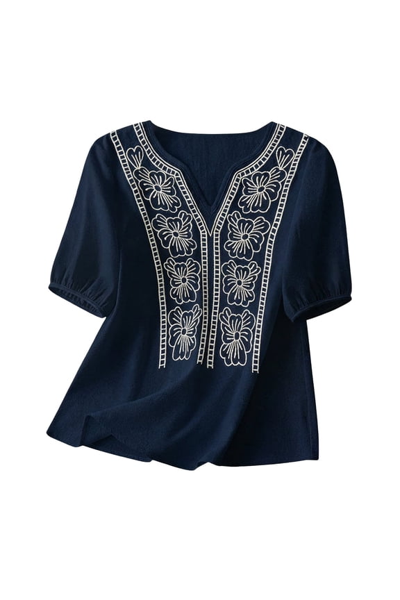 Linen Tunic Jacquard Boho Blouse Basic Tee Shirt Boho Ethnic Style Blouses Gauze Blouses for Women Boho Peasant Gauze Blouses Floral Gauze Tunics Womens Summer Linen Shirts A7 Navy M
