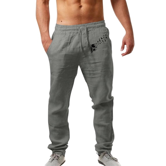 Outfmvch Long Johns for Men Joggers for Men Mens Fashion Casual Printed Linen Pocket Lace Up Pants Large Size Pants Cargo Pants for Men Dark Gray Xl