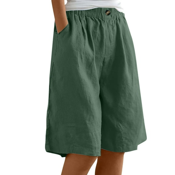 Outfmvch Long Shorts for Women Summer Straight Leg High Waisted Pleated Knee Length Shorts Comfy Stretch Bermuda Shorts with Pockets Elastic Waist Capri Pants Green S