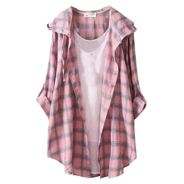 Outfmvch Long Sleeve Button Up Shirts for Women，Plaid Shirt，Lightweight Flannel Shirt Women，Plaid Button Down Shirts for Women，Flannel Shirts for Women，Plaid Shirts for Women，， Pink，L