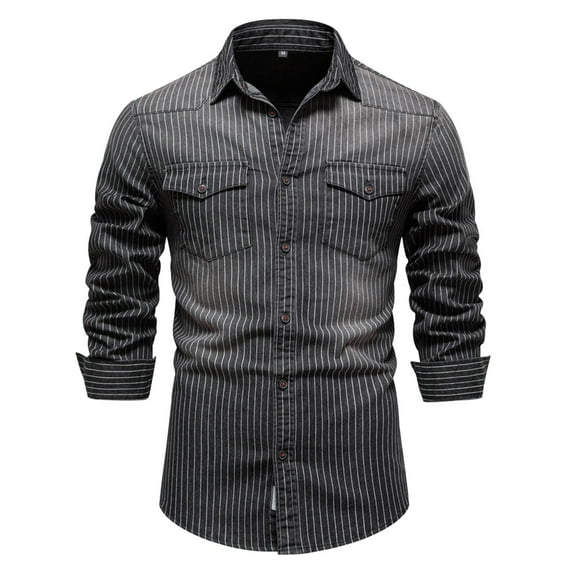 Outfmvch Long Sleeve Shirts for Men Washed Classic Stripe Jeans Denim Shirt Long Sleeve Shirt Womens Tops Black