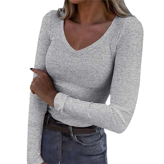 Outfmvch Long Sleeve Tops for Women Scoop Neck Ribbed Knit Long Sleeve Layering Tee Tops Thermal Undershirt Stretch Crewneck Basic Solid Ribbed Round Neck Thermal Shirts for Womena3_gray 2 L