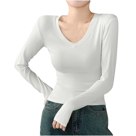 Outfmvch Long Sleeve Tops for Women Stretch Crewneck Ribbed Round Neck Double Lined Basic Tee Slim Fitted Long Sleeve Slim-fit Scoop Neck Ribbed Knit Long Sleeve Fitted Shirt Womena1_white S