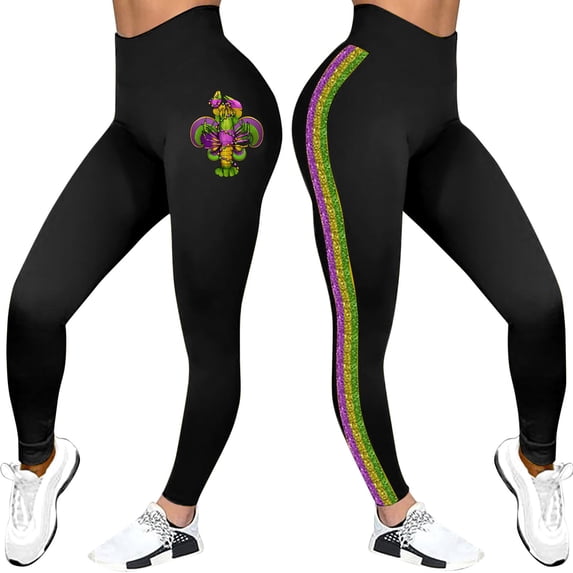 Outfmvch Mardi Gras Leggings for Women,Womens High Waist Tummy Control Yoga Pants Workout Running Leggings Carnival Tights Black S-3XL