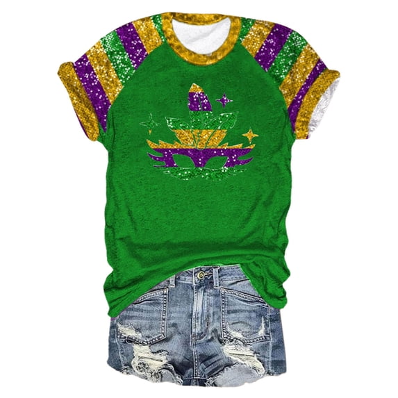 Outfmvch Mardi Gras Shirts Off Shoulder Tshirt Linen Short Sleeve Shirt Women's Tshirts Loose Fit Womens Gauze Tops and Blouses Womens Summer Tops Graphic Tees Green S