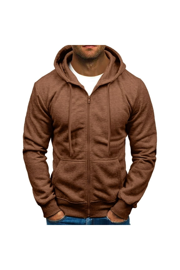 Men's Zip-Up Hoodie,Full-Zip Hoodie,Hooded Sweatshirt,Fleece Hoodie Men's Fashionable Casual Solid Color Trendy Hooded Zipper Sports Hoodie Brown M