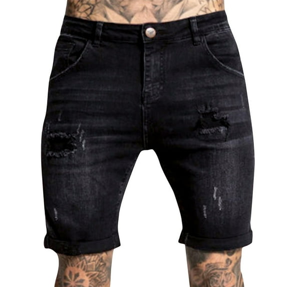 Outfmvch Mens Jeans Mens Shorts Men'S Casual Zipper Fly Hole Jeans Tight Shorts Trousers Pocket Wash Pant Long Johns For Men Black L