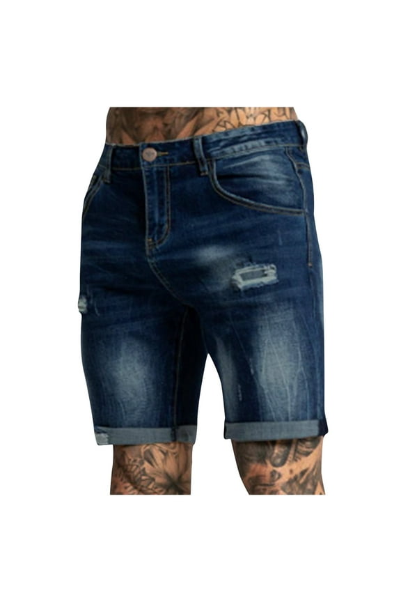 Mens Jeans Mens Shorts Men'S Casual Zipper Fly Hole Jeans Tight Shorts Trousers Pocket Wash Pant Long Johns For Men Dark Blue L