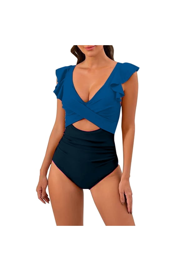 One Piece Swimsuit Women Swimsuit Coverup for Women Tummy Control Swimsuits Women's Conservative Printed High Waisted Totanchini with Breast Pad without Steel Dark Blue Xl