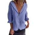 thumbnail image 1 of Outfmvch Oversized Button Down Shirts for Women Cotton Linen Loose Fit Casual V-neck Tops Womens 3/4 Sleeve Button Down Shirts Linen Button Down Shirt Women Blue 3XL, 1 of 5