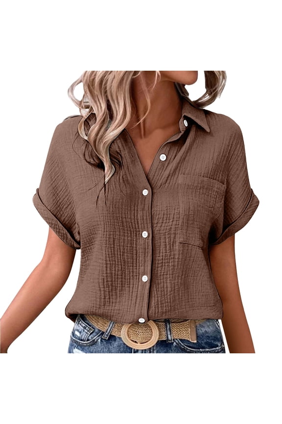 Oversized Tshirts for Women Batwing Sleeve Pocket Patched Shirt Roll Up Double Layer Wrinkled Fabric Button Down Linen Shirt Casual Loose Fit Tunic Gauze Shirts for Womena1_coffee M