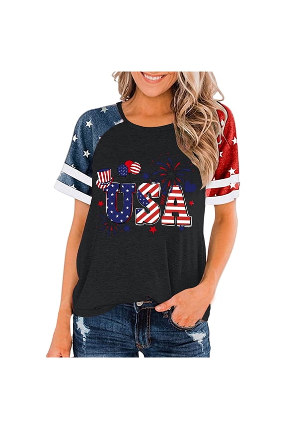 Patriotic T-shirt Graphic Tees for Women Tee Shirts Crop Tops Graphic Tshirts for Women Womens Going Out Tops Business Casual Tops for Women Plain T Shirts for Women Black Xl