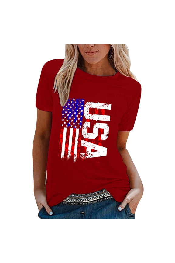 Patriotic Tshirt Casual Blouses Summer T Shirts for Women Womens Tops Running Shirts Women Summer Blouses for Women Work Tops for Women Flower Top Crop Tops Tee Shirts Red 2xl