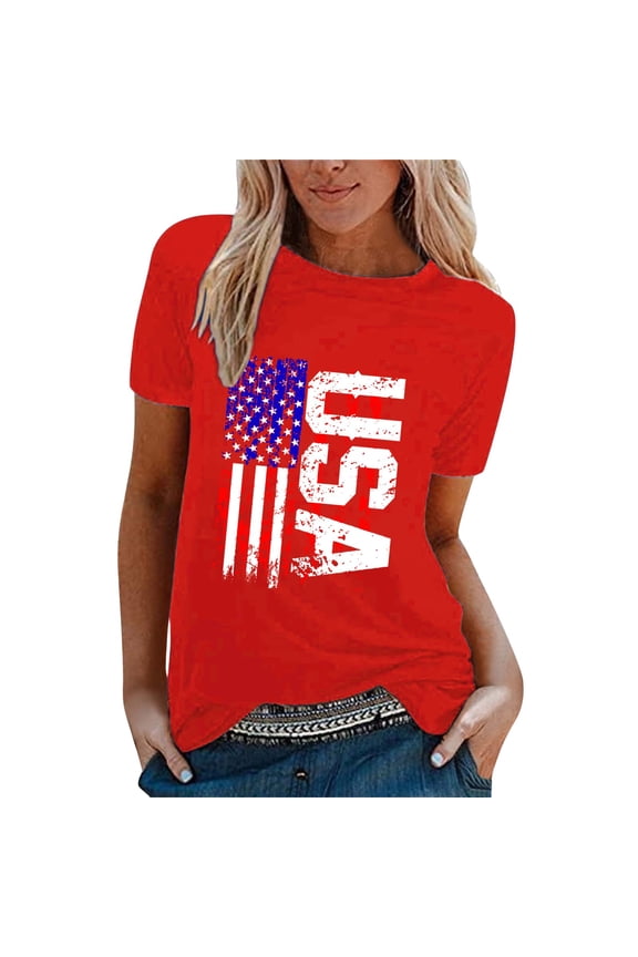 Patriotic Tshirt Floral Tops for Women Gym Shirts Women Athletic Tops for Women Boho Tops Crop Tops Women's Summer Tops Basic Short Sleeve Tops for Women Tee Shirts Red 3xl