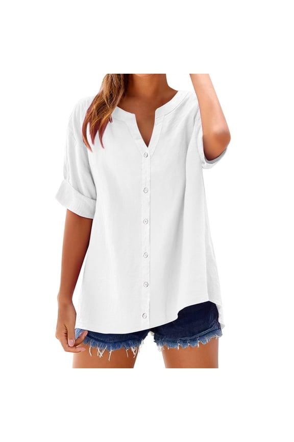 Peasant Blouses for Women Linen Shirts for Women Cotton Linen Roll Up Long Sleeve Cotton Top Peasant Blouses for Women Button Down Shirts White 1 3XL