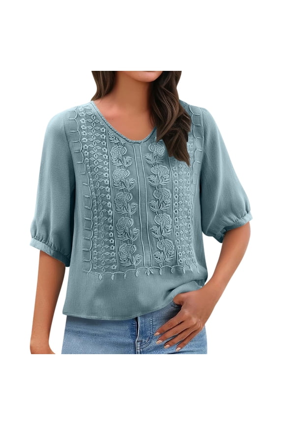 Peasant Tops for Women Embroidery Gauze T-shirt for Women Cotton Linen Boho Tops for Women 2026 Loose Fit Tunic Linen Tunic Tops for Women Blue L