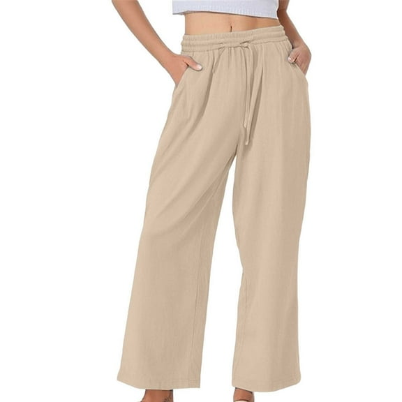 Outfmvch Petite Linen Pants for Women Wide Leg Boho Chic Clothing High Waisted Elastic Waist Casual Pants Women Summer Drawstring Wide Drawstring Pants Casual Boho Pants Beige M