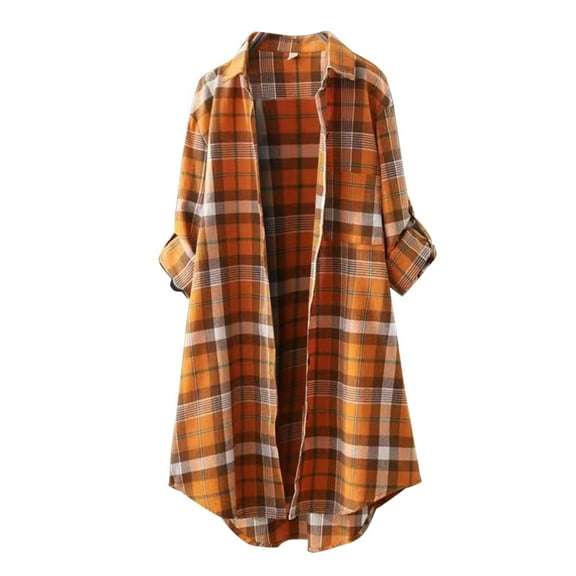 Outfmvch Plaid Shirts for Women Plaid Tops for Women Tunic Button Down Shirts for Women Button Down Shirts for Women Flower Pattern Lapel Neck Casual Cotton and Linen Long Sleeve Shirt Z Yellow 2xl