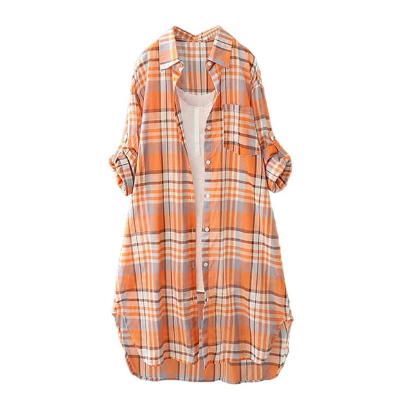 Outfmvch Plaid Tops for Women Plaid Shirt Oversized Button Down Shirts for Women Flannel Dress for Women Checkered Shirt Women's Medium to Long Coat Thin Outer Shirt Z Orange 2xl