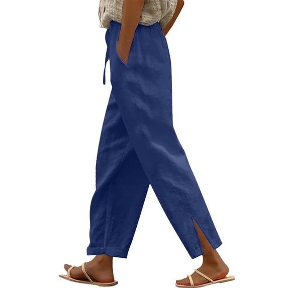 Outfmvch Plus Size Linen Pants for Women,High Waisted Straight Leg Drawstring ,Straight Leg Linen Pants for Women,Gauze Pants for Women Casual Summer,Beach Vacation Clothes for Women Navy 2XL