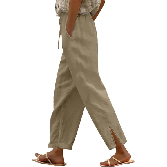 Outfmvch Plus Size Linen Pants for Women,High Waisted Straight Leg Drawstring ,Straight Leg Linen Pants for Women,Gauze Pants for Women Casual Summer,Beach Vacation Clothes for Women Khaki S