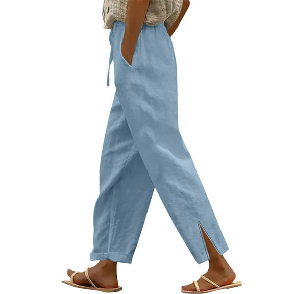 Outfmvch Plus Size Linen Pants for Women,High Waisted Straight Leg Drawstring ,Straight Leg Linen Pants for Women,Gauze Pants for Women Casual Summer,Beach Vacation Clothes for Women Blue 1 L