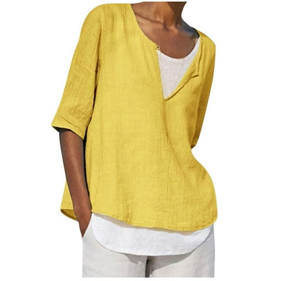 Outfmvch Plus Size Tops T Shirts for Women Loose Linen Button V Neck Plus Size Solid Shirt Blouse Tunic Tops Shirts for Women Yellow XXL