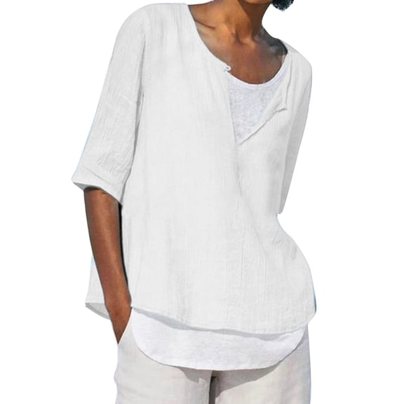 Outfmvch Plus Size Tops T Shirts for Women Loose Linen Button V Neck Plus Size Solid Shirt Blouse Tunic Tops White Shirts for Women White M