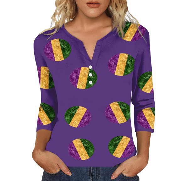 Outfmvch Plus Size V Neck Mardi Gras Shirt Glitter Tops for Women Workout Tops for Women Glitter Shirts for Women Sparkly Tops for Women's Mask Graphic Shirts Purple 1 Xl