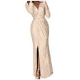 thumbnail image 1 of Outfmvch Prom Dresses 2024 Cocktail Dress Dresses for Women 2024 Mini Solid Color Active Fit Ankle Length Long Sleeve Lightweight V-neck Prom Dress Evening Dresses for Women Gold Xl, 1 of 5