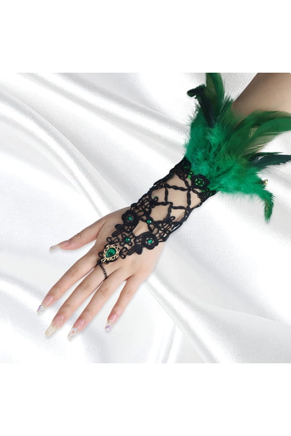 Punk Gloves Feather Decorative Gloves for Women Gothic Lace Long Gloves Feather Wrist Cuffs Hollow Bracelets for Wedding Masquerade Show Dressy Lace Fingerless Gloves Green 1 One Size
