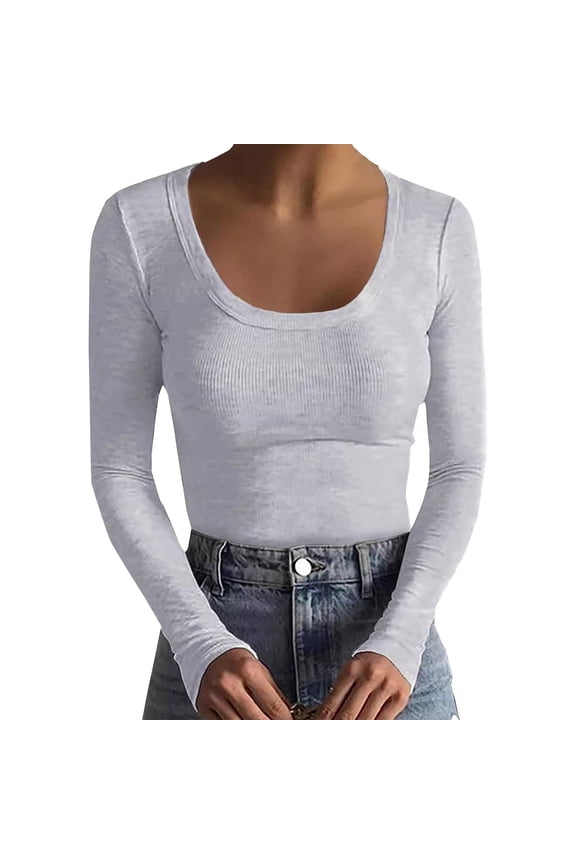 Ribbed Long Sleeve Tops for Women Basic Solid Double Lined Basic Tee Scoop Neck Ribbed Knit Slim Fitted Stretch Ribbed Round Neck Long Sleeve Lay Basic Fitted Tees for Womena2_gray M