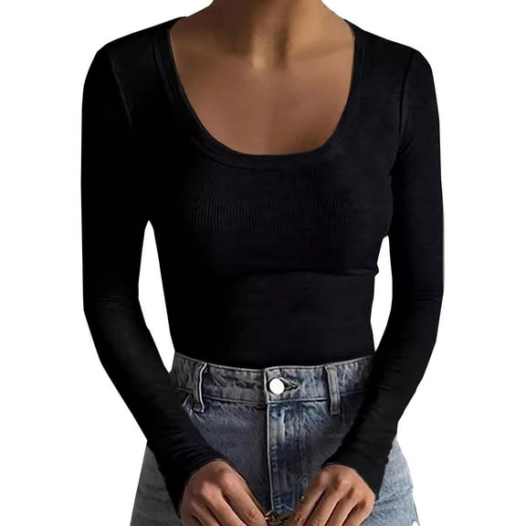 Outfmvch Ribbed Long Sleeve Tops for Women Scoop Neck Ribbed Knit Basic Tees Stretch Crewneck Slim Fitted Basic Solid Double Lined Basic Tee Long Sleeve Basic Fitted Tees for Womena2_black L