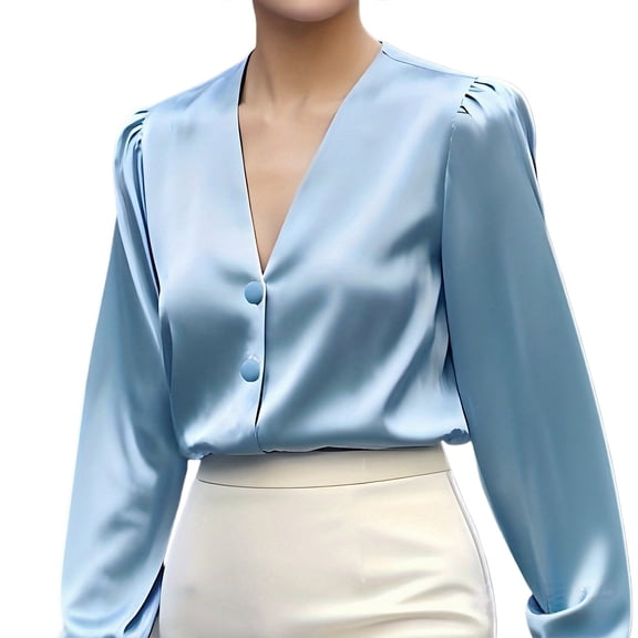 Outfmvch Satin Blouses for Women Ladies Tops and Blouses V Neck Blouses for Women Navy Blouse for Women's Button Down Shirts Brown Shirt Women Office Shirts for Women Sky Blue L