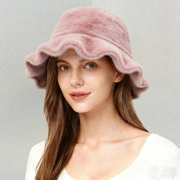 Outfmvch Scarf Hats for Women Women's Faux Fur Bucket Hats Fluffy Winter Warm Ladie's Unique Wide Brim Fisherman Cap Winter Beanie Hat for Women Pink One Size