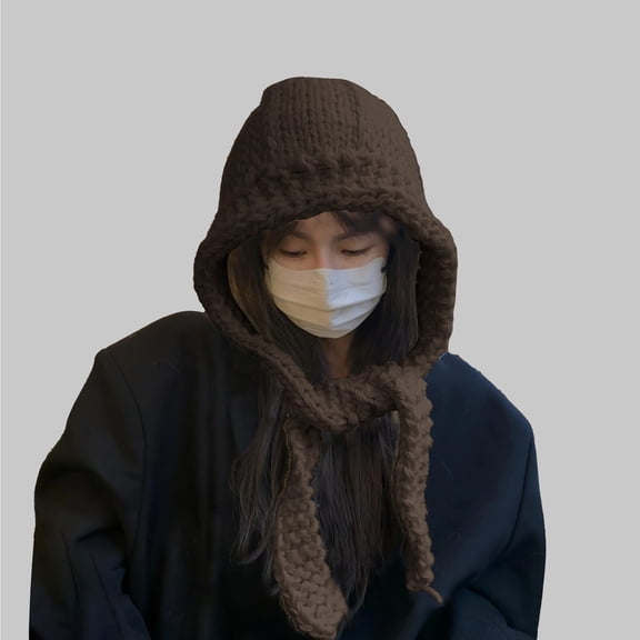 Outfmvch Scarf Hood Women Winter Beanie Hat Circle Scarf Set Pompoms Ski Snow Ear Flaps Sherpa Knit Hats Neck Warmer Set 3 in One Beanie for Women Coffee 1 One Size