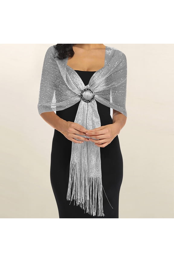 Scarves for Women Lightweight Sparkling Metallic Shawls and Wraps for Evening Party/Wedding/Formal Dresses (With Free Buckle) Shawl for Women Silver One Size