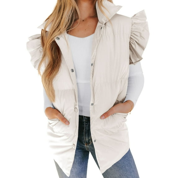 Outfmvch Shackets For Women 2023 With Pockets Womens Vest Women'S Mid Long Puffer Vest Ruffle Sleeve Button Down Bubble Jackets Quilted Puffy Outerwear Jackets For Women Beige L