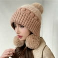 thumbnail image 1 of Outfmvch Ski Mask Women Winter Peruvian Cover Ears Beanie Hat Ear Flaps Ski Snow Hats Knit Fleece Lined 3 Pom Pom Winter Beanie Hat for Women Khaki One Size, 1 of 4